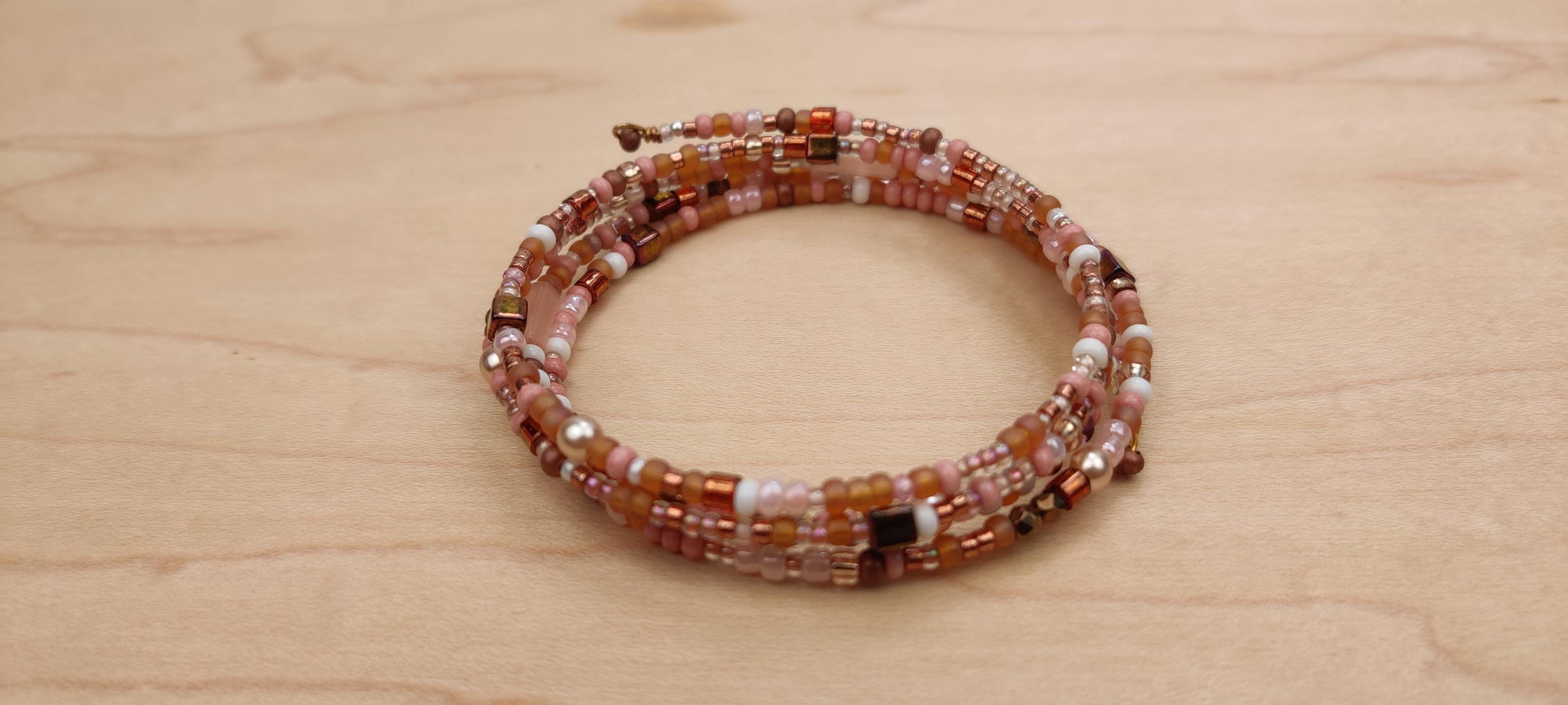 Peach, White, and Shades of Brown Beads Memory Wire Bracelet