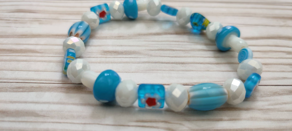 Lampwork Glass Millefiori Beads Stretch in Light Blue and White Glass Beads Bracelet