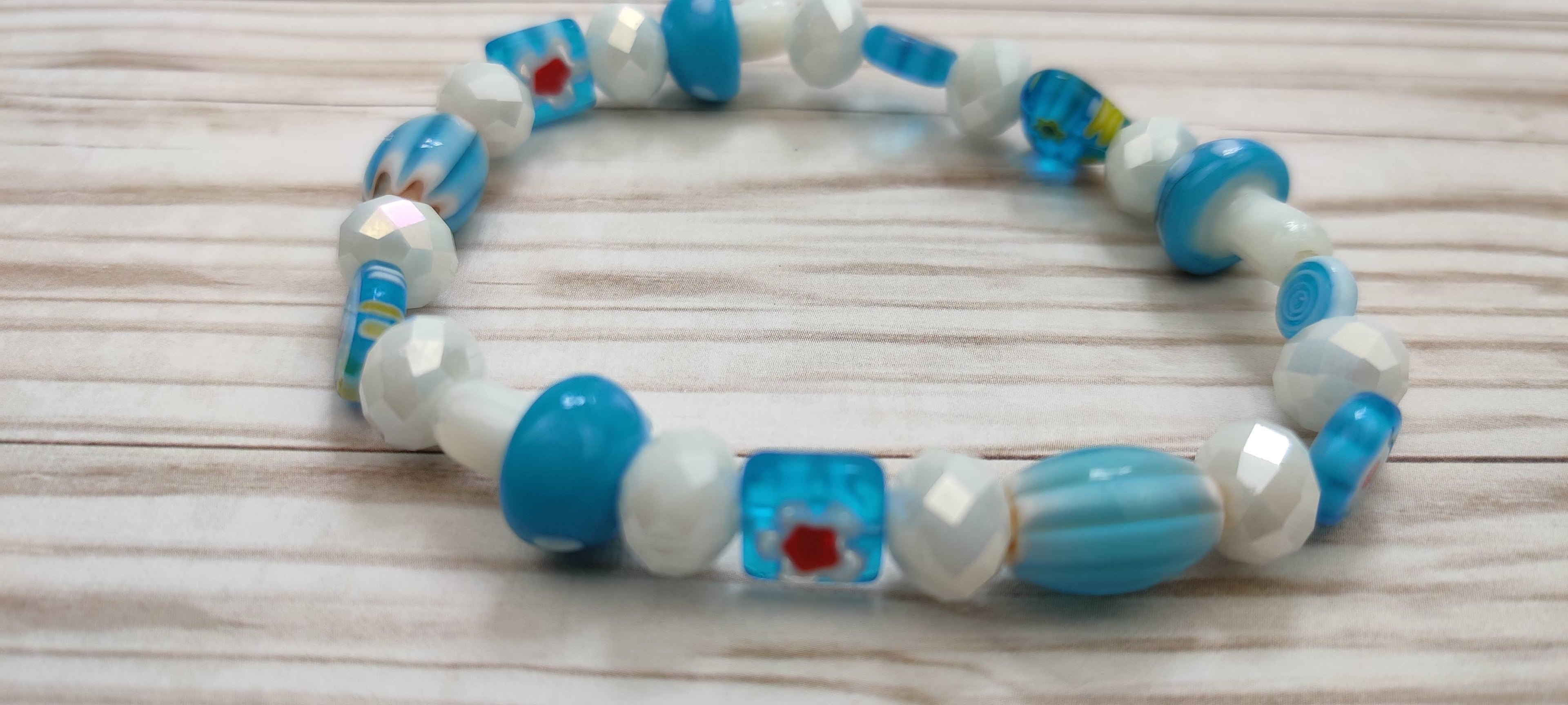 Lampwork Glass Millefiori Beads Stretch in Light Blue and White Glass Beads Bracelet