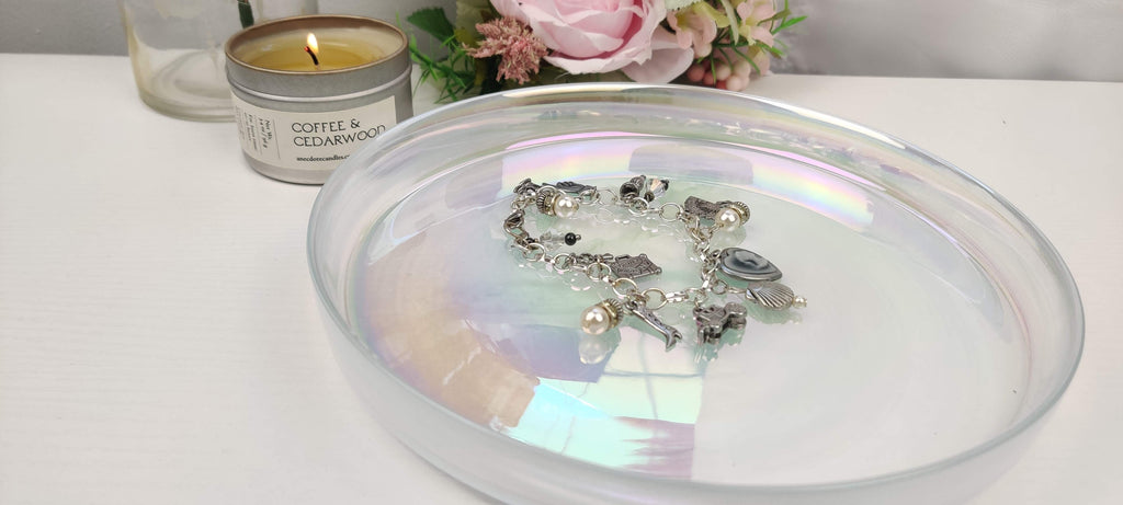 Vintage Old Time Theme Charm Bracelet with Glass Beads and Metal Charms