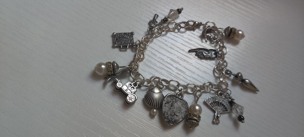 Vintage Old Time Theme Charm Bracelet with Glass Beads and Metal Charms
