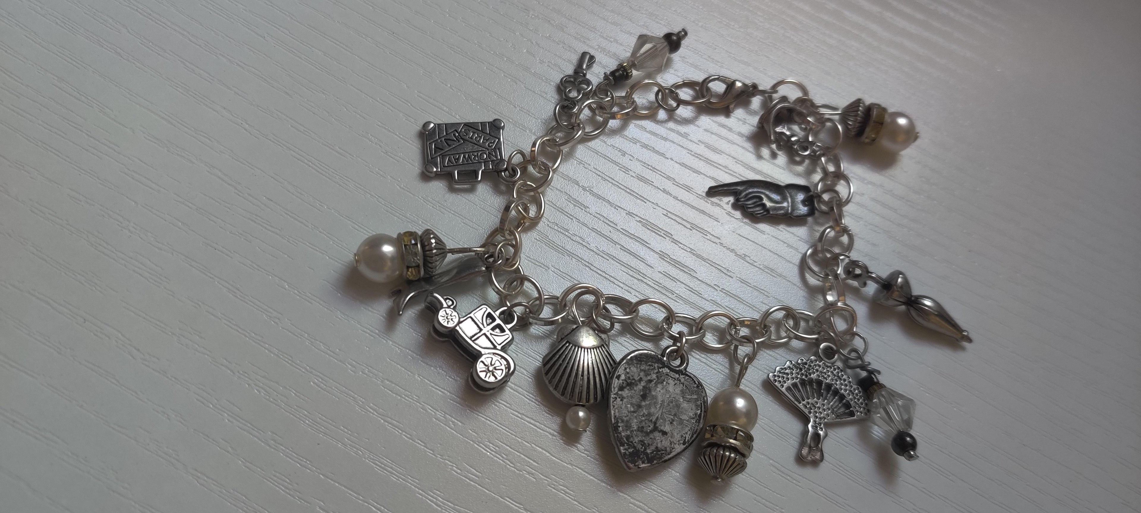 Vintage Old Time Theme Charm Bracelet with Glass Beads and Metal Charms