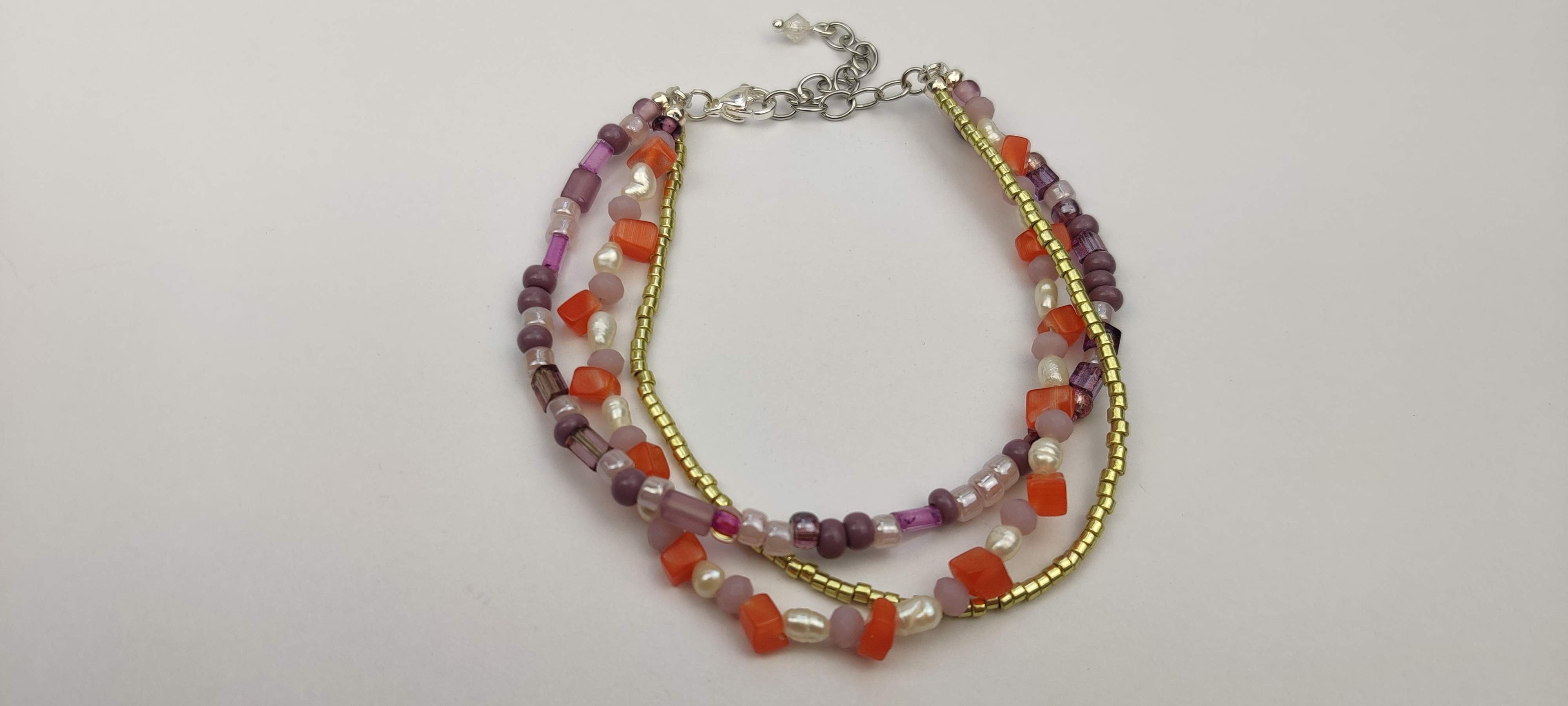 Three Strand Bracelet with Gold, Purple, Orange, and Freshwater Pearls Glass Beads
