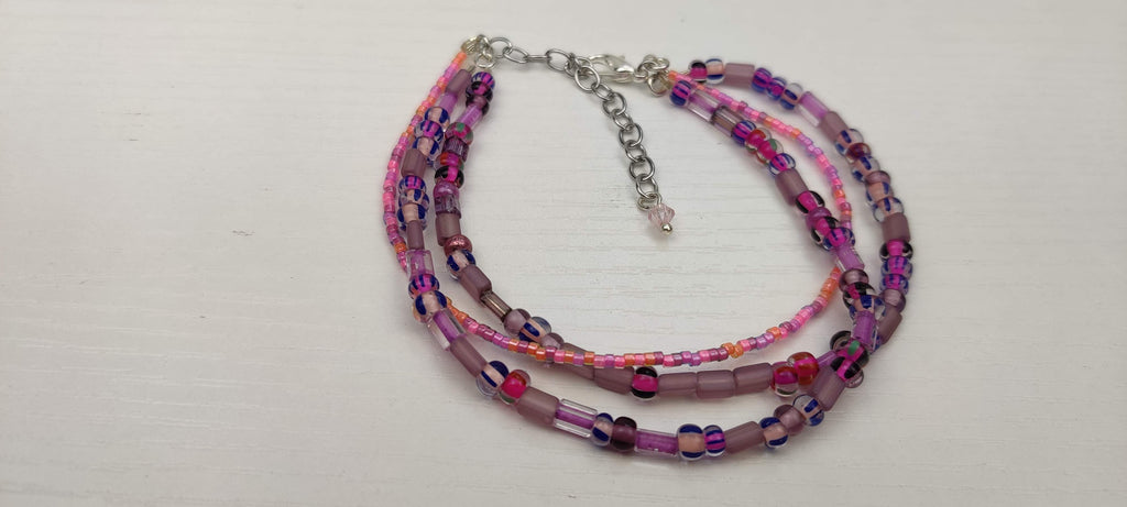 Three Strand Minimalist Bracelet with Purple and Pink Beads