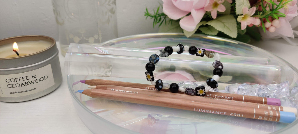 Lampwork Glass Millefiori Beads in Light Black,  Gray and White Glass Beads Stretch Bracelet