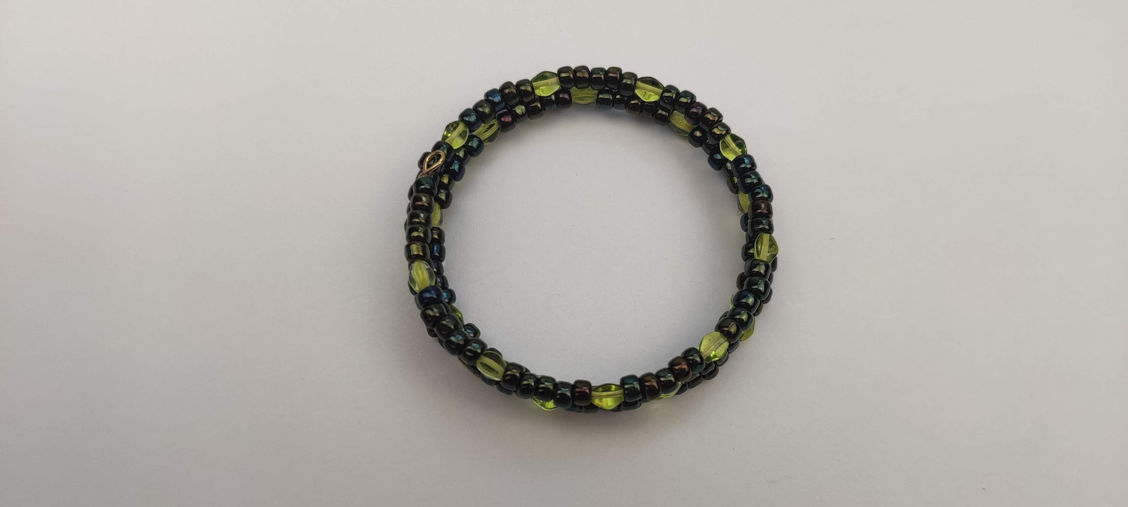 Black and Light Green Beads Memory Wire Bracelet