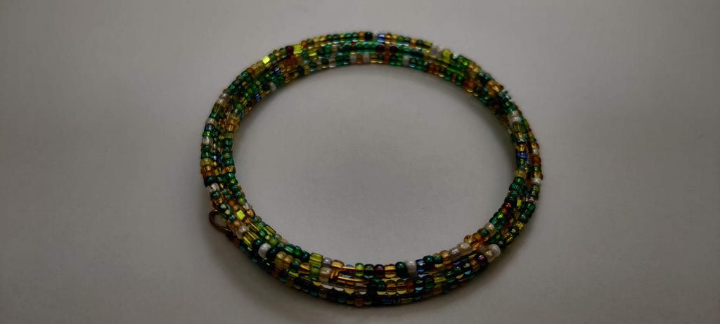 Green, Brown, and White, and Shades of Seed Beads Memory Wire Bracelet