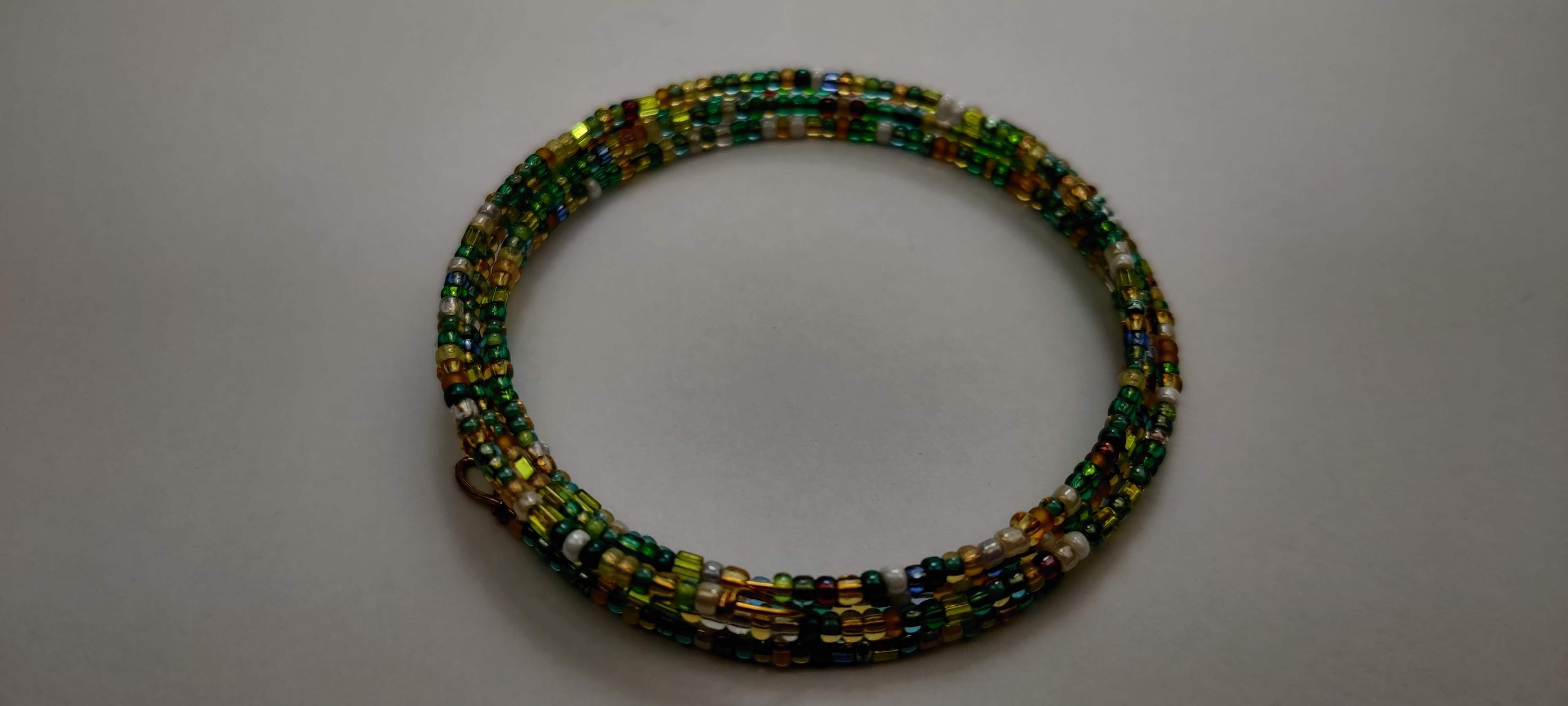 Green, Brown, and White, and Shades of Seed Beads Memory Wire Bracelet