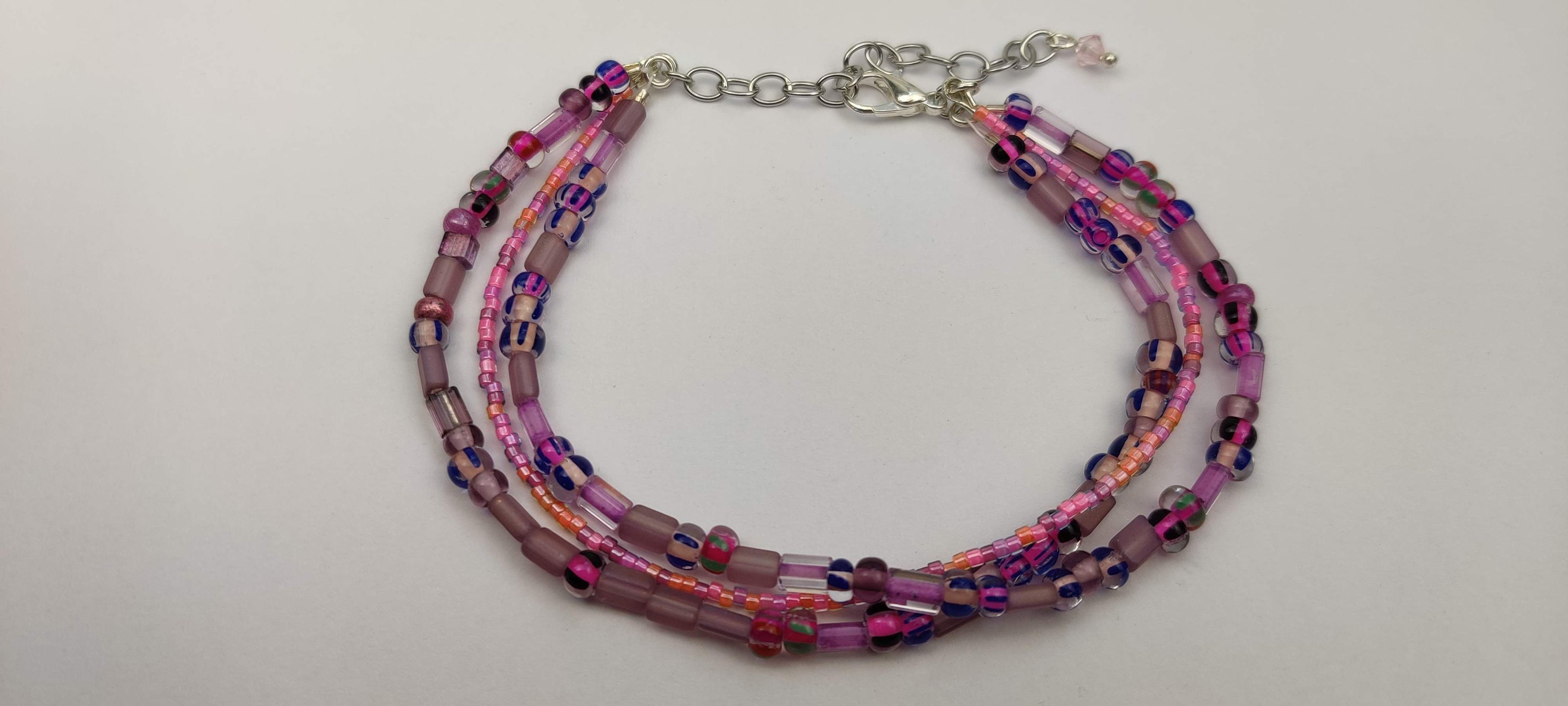 Three Strand Minimalist Bracelet with Purple and Pink Beads