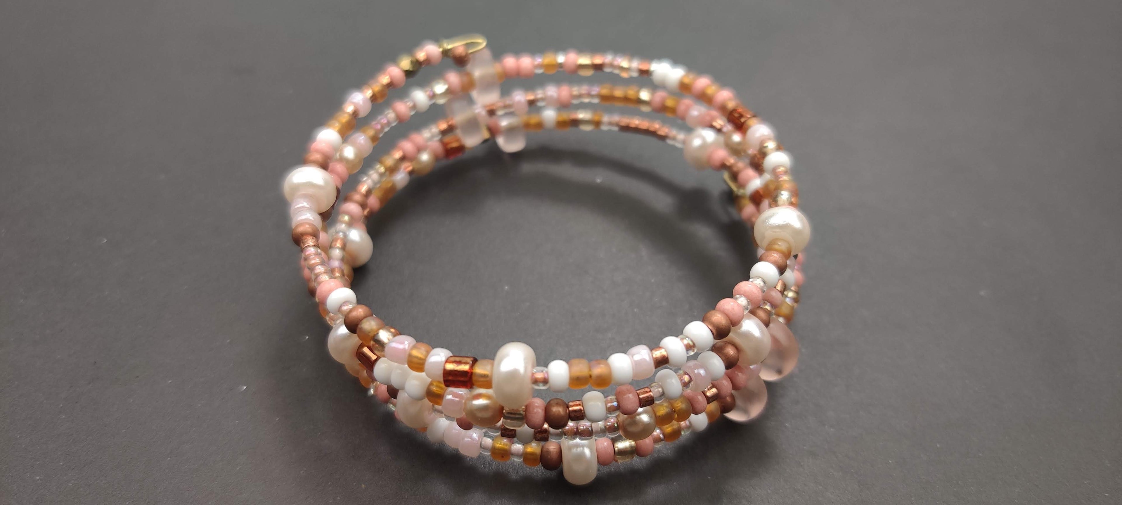 Peach, White, and Shades of Brown Beads Memory Wire Bracelet