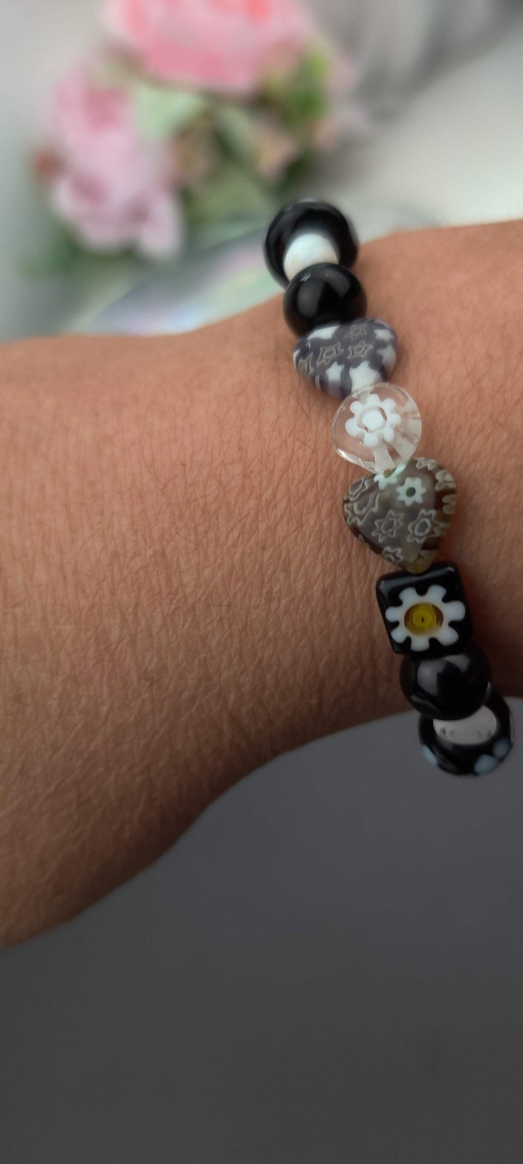 Lampwork Glass Millefiori Beads in Light Black,  Gray and White Glass Beads Stretch Bracelet