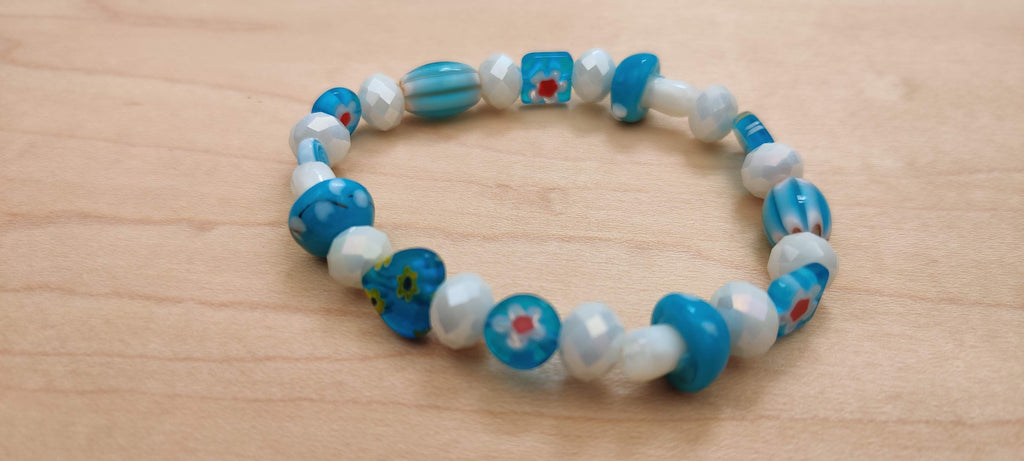 Lampwork Glass Millefiori Beads Stretch in Light Blue and White Glass Beads Bracelet
