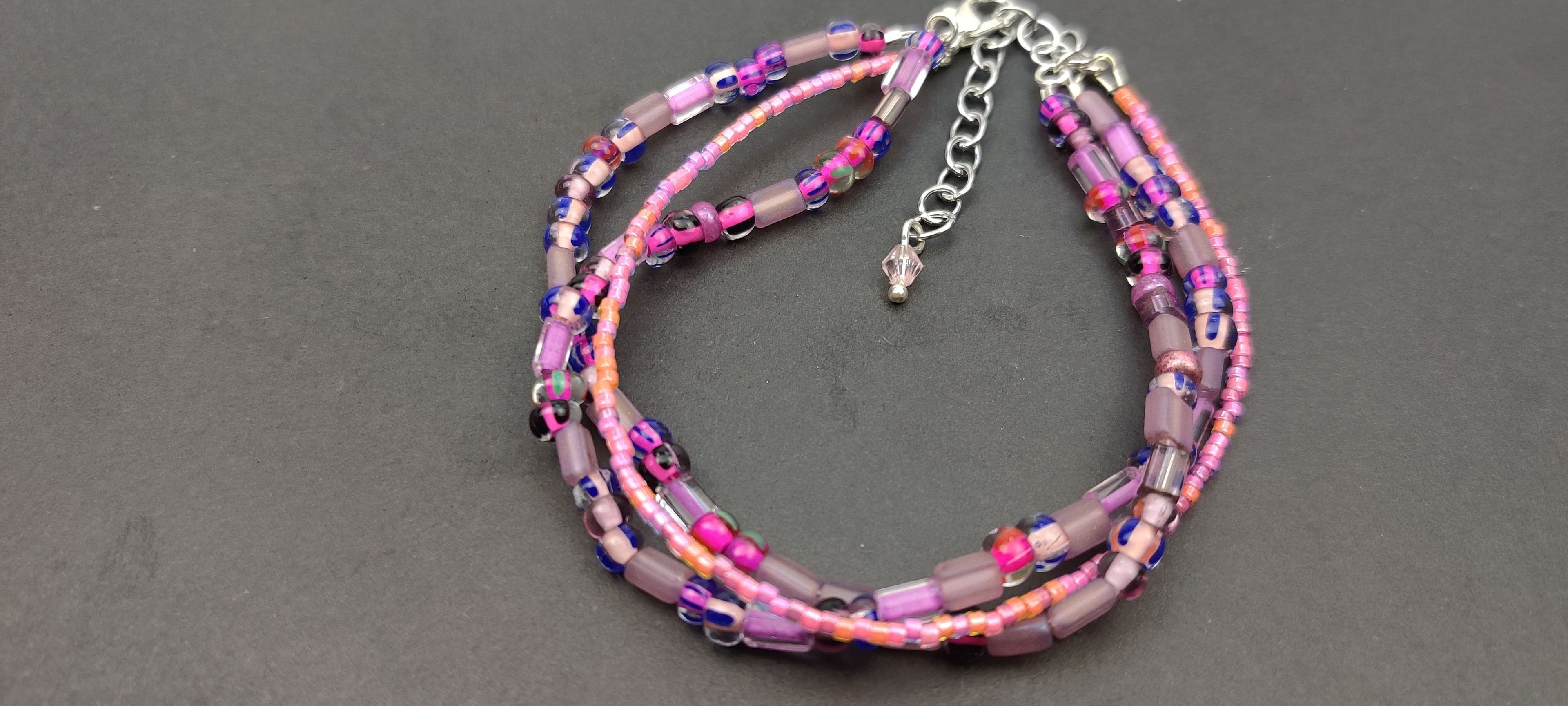 Three Strand Minimalist Bracelet with Purple and Pink Beads