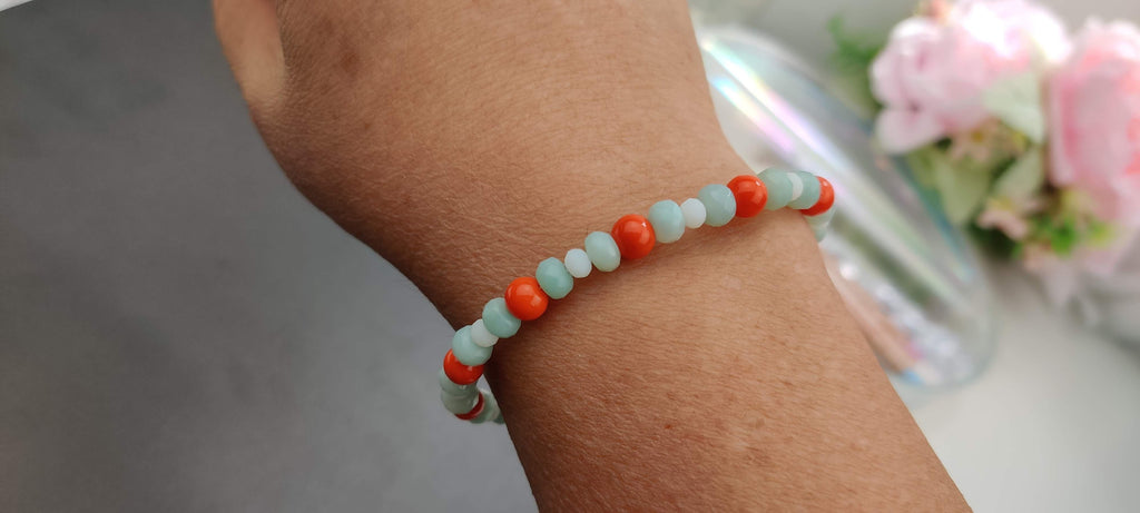 Orange, Light Blue, and White Glass Beads Bracelet