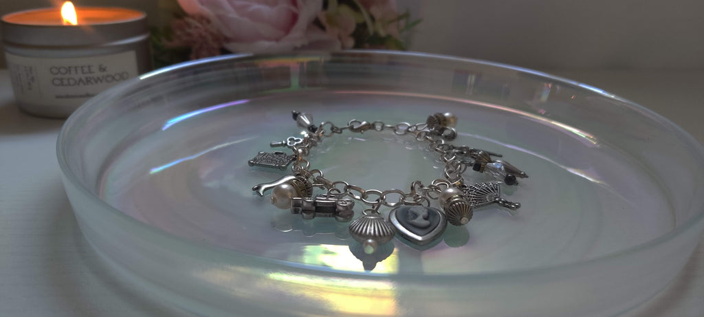 Vintage Old Time Theme Charm Bracelet with Glass Beads and Metal Charms