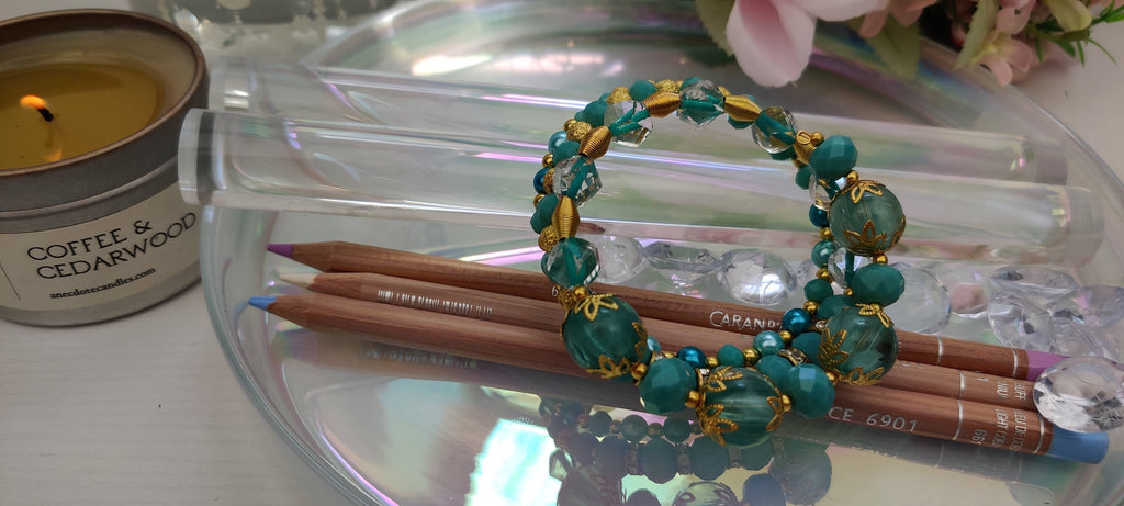 Blue-Green Beads Memory Wire Bracelet