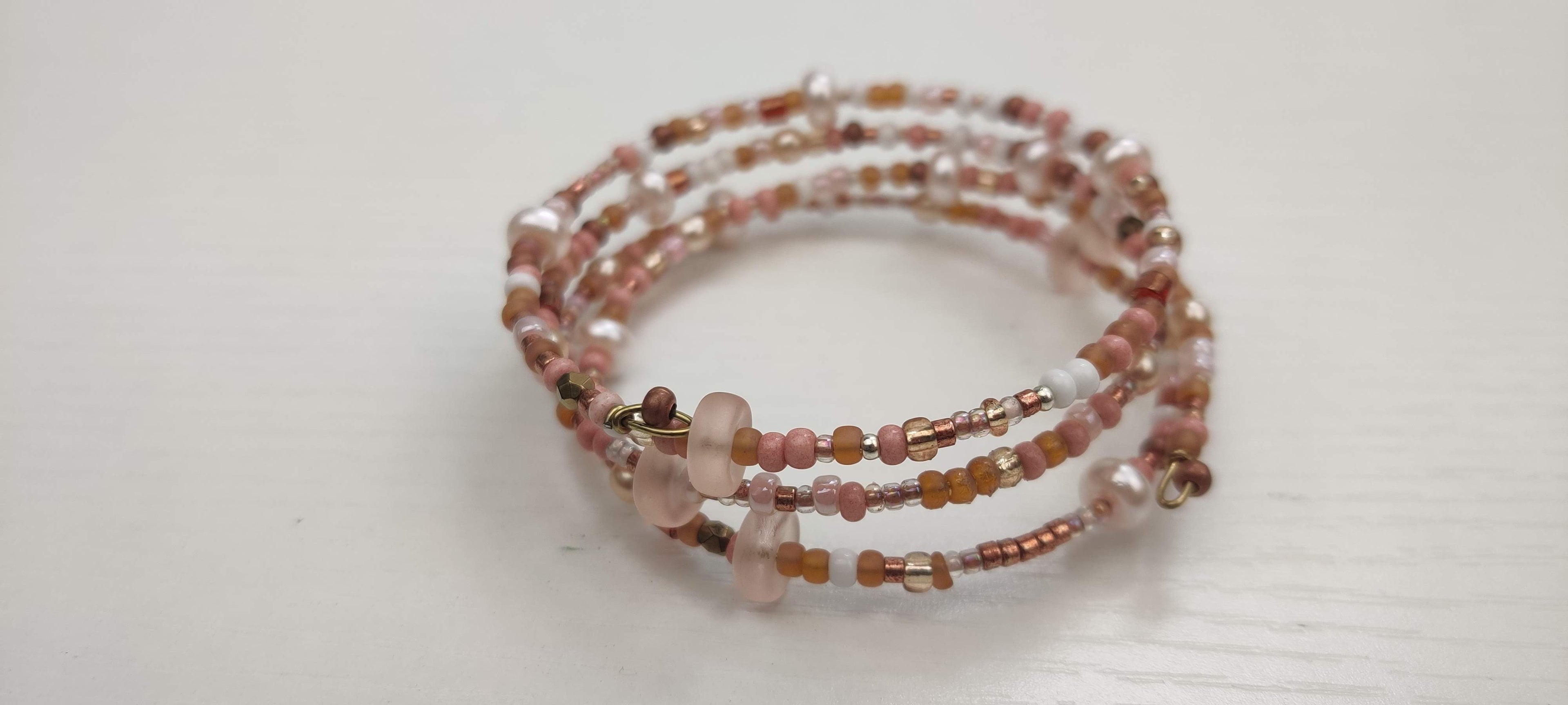 Peach, White, and Shades of Brown Beads Memory Wire Bracelet
