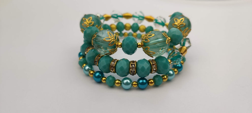 Blue-Green Beads Memory Wire Bracelet