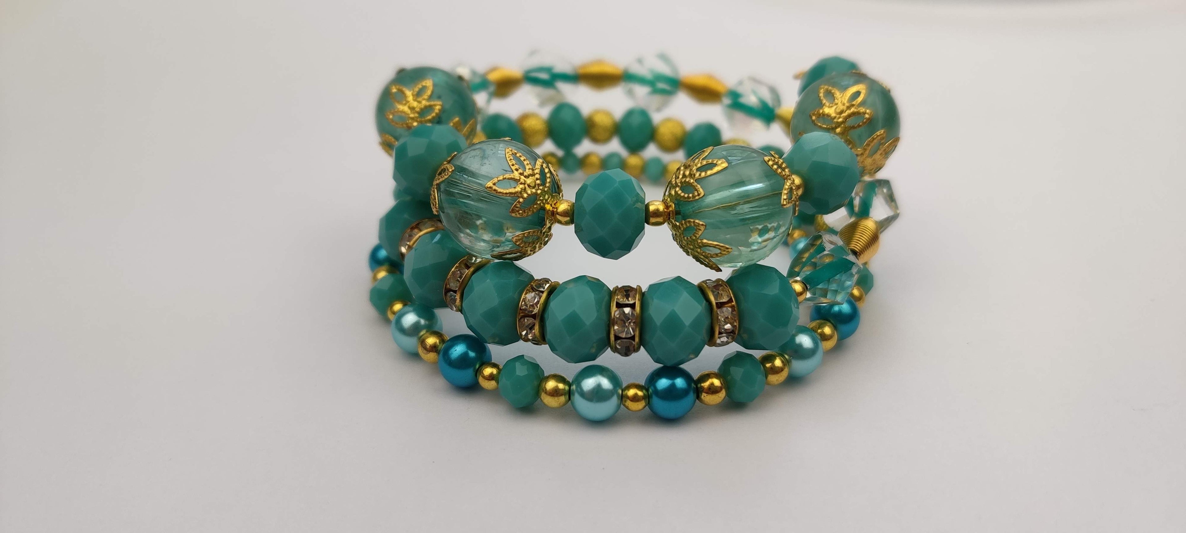 Blue-Green Beads Memory Wire Bracelet