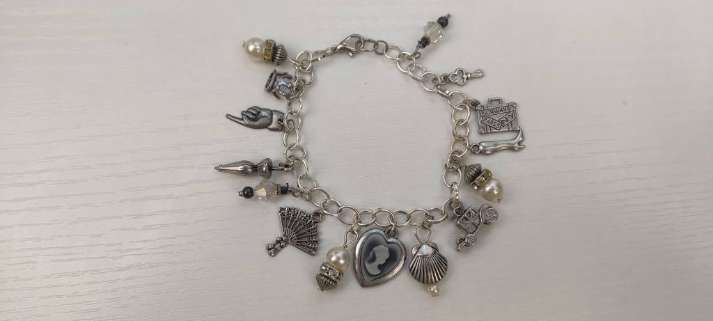 Vintage Old Time Theme Charm Bracelet with Glass Beads and Metal Charms