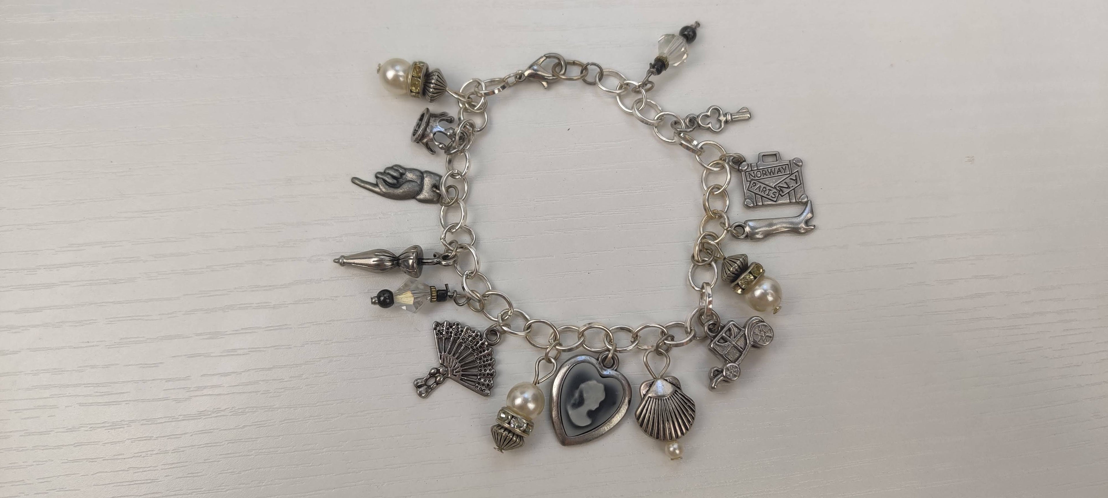 Vintage Old Time Theme Charm Bracelet with Glass Beads and Metal Charms