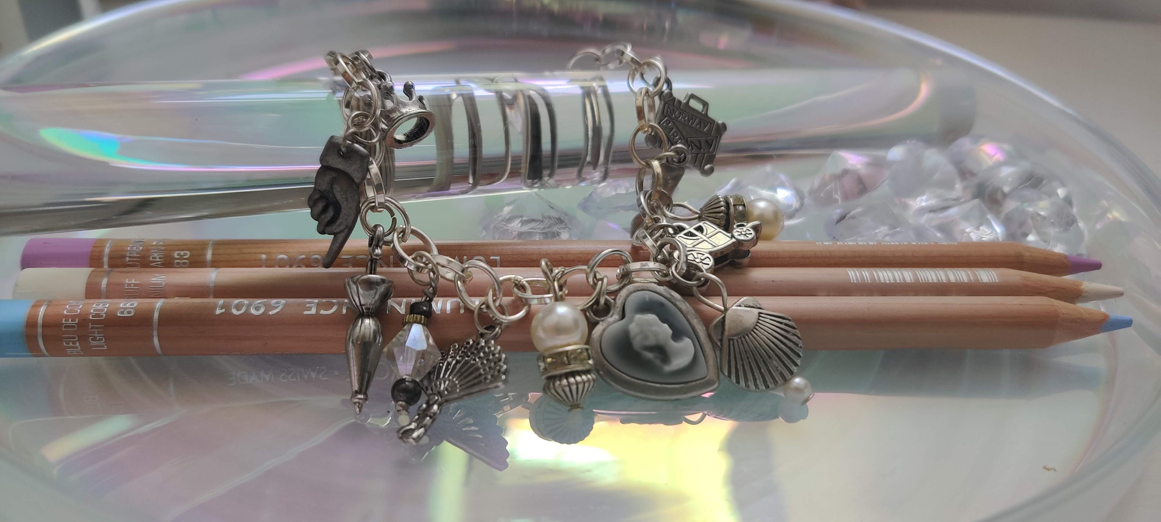 Vintage Old Time Theme Charm Bracelet with Glass Beads and Metal Charms
