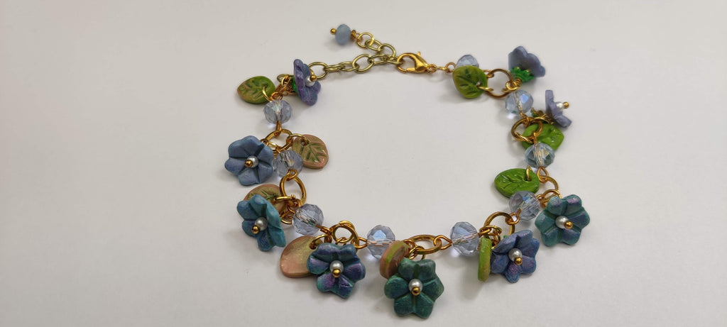 Handmade Polymer Clay Flowers and Leaves Charm Bracelet