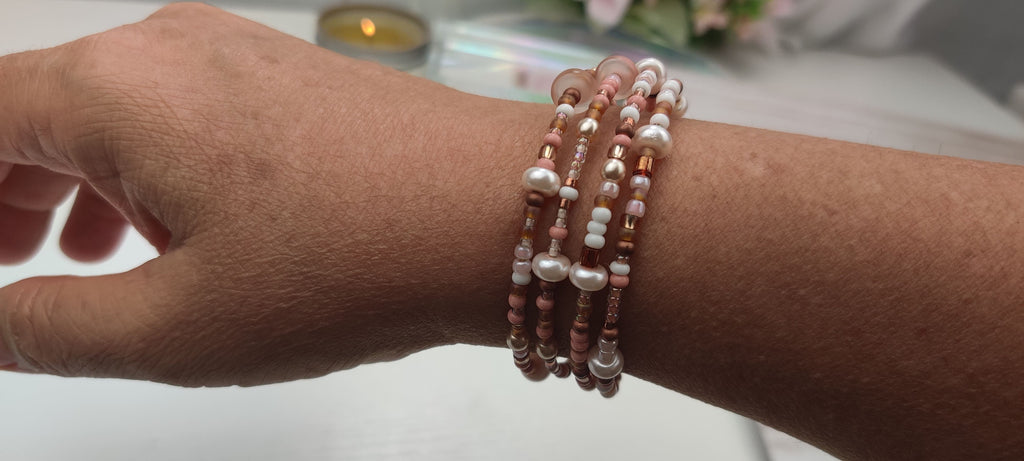 Peach, White, and Shades of Brown Beads Memory Wire Bracelet