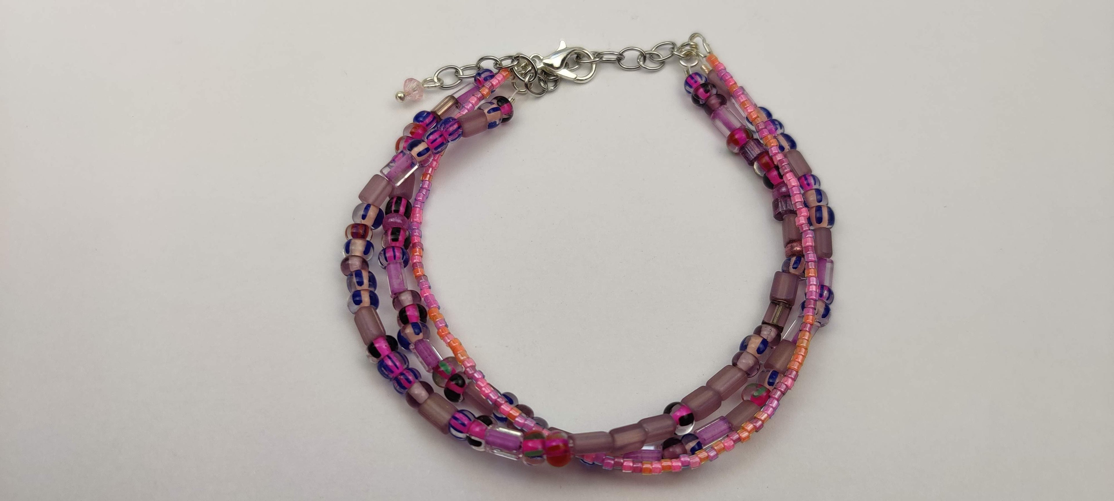 Three Strand Minimalist Bracelet with Purple and Pink Beads