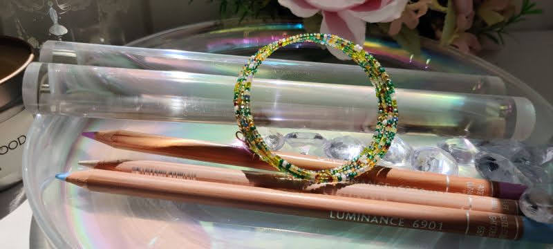 Green, Brown, and White, and Shades of Seed Beads Memory Wire Bracelet