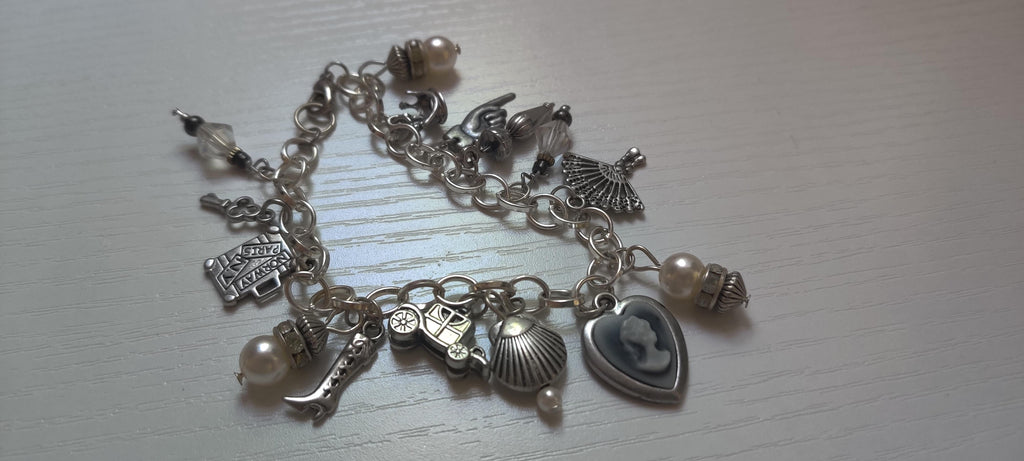 Vintage Old Time Theme Charm Bracelet with Glass Beads and Metal Charms
