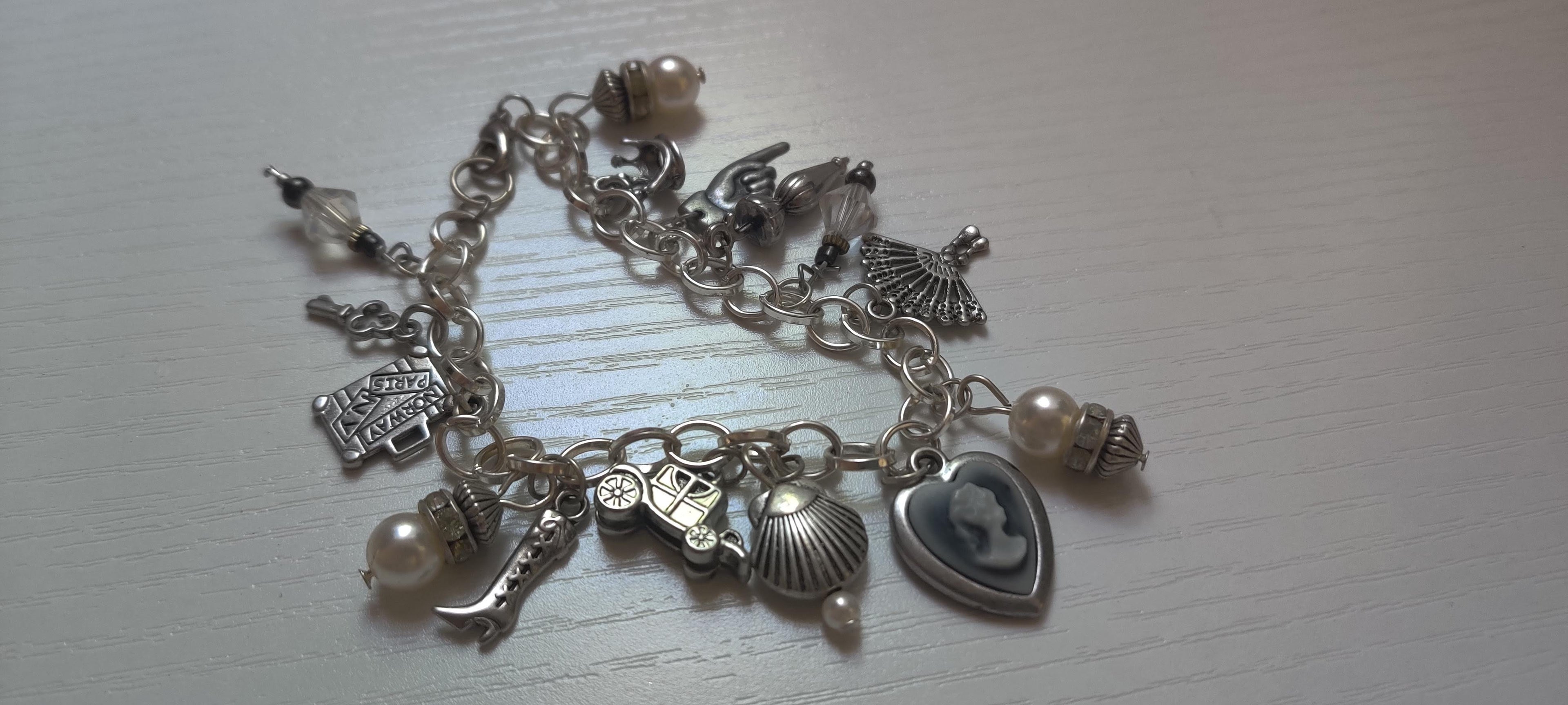Vintage Old Time Theme Charm Bracelet with Glass Beads and Metal Charms