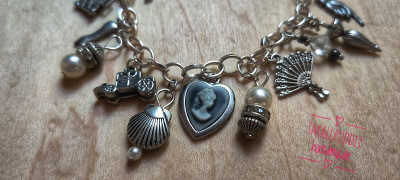 Vintage Old Time Theme Charm Bracelet with Glass Beads and Metal Charms