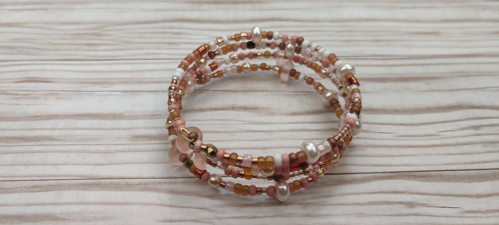 Peach, White, and Shades of Brown Beads Memory Wire Bracelet
