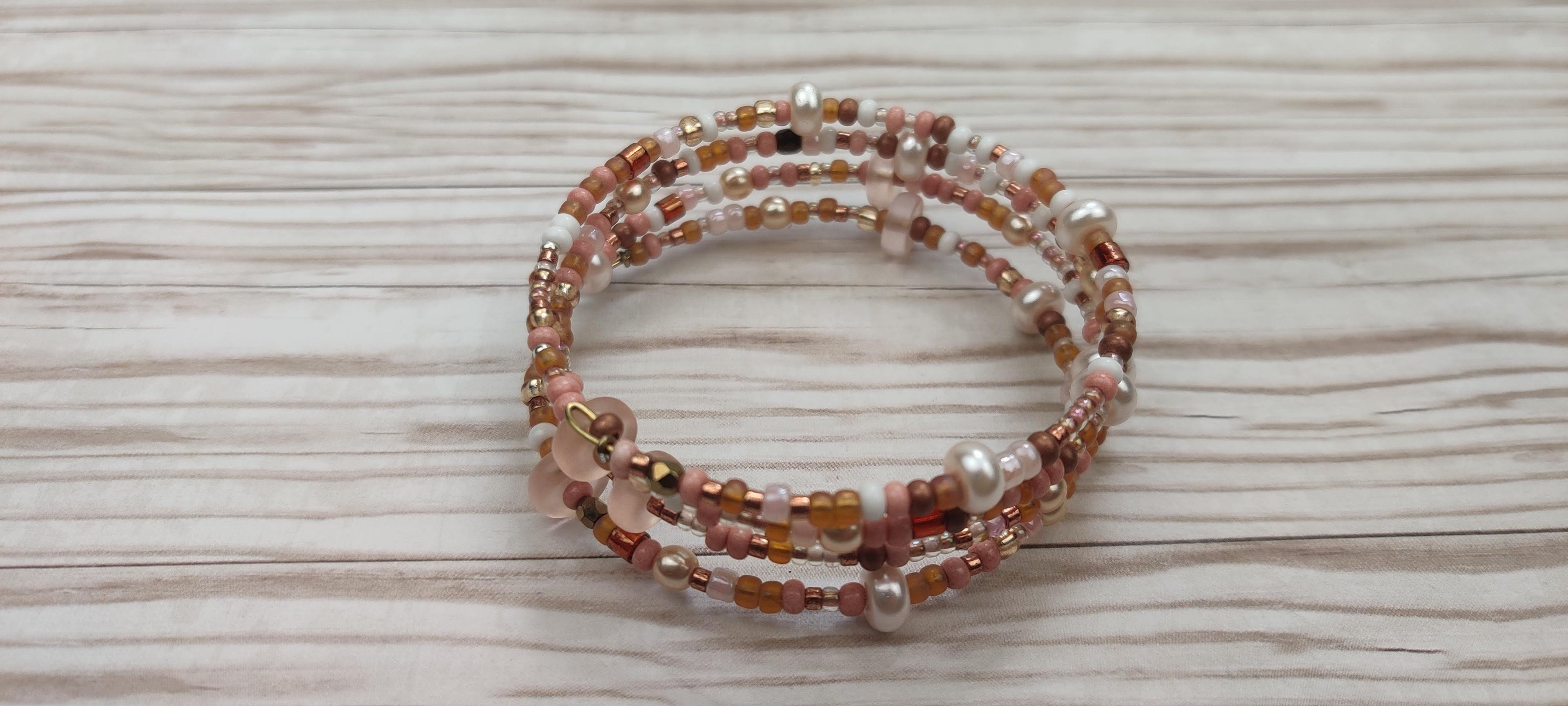 Peach, White, and Shades of Brown Beads Memory Wire Bracelet
