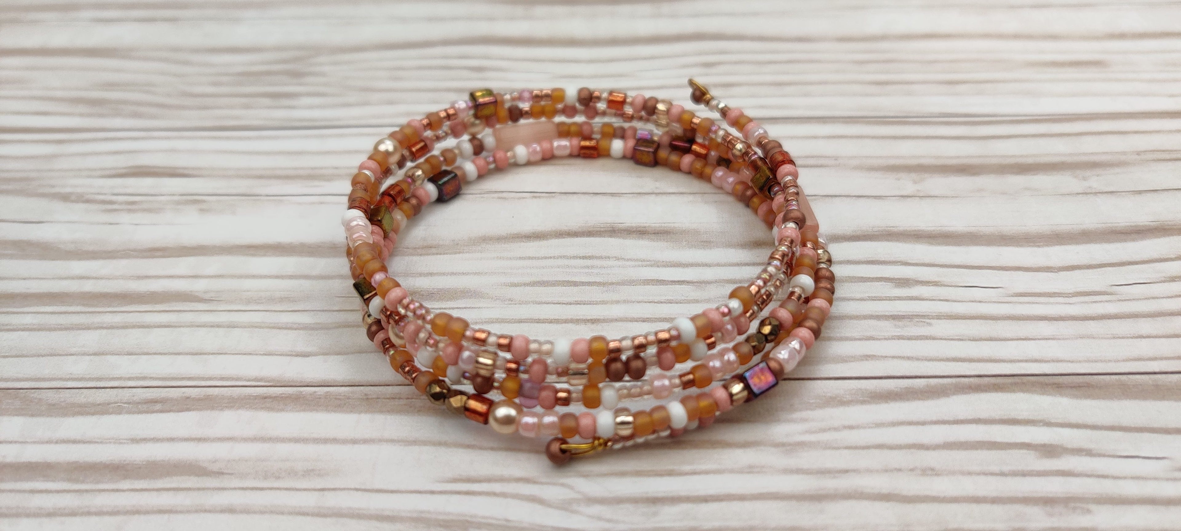 Peach, White, and Shades of Brown Beads Memory Wire Bracelet