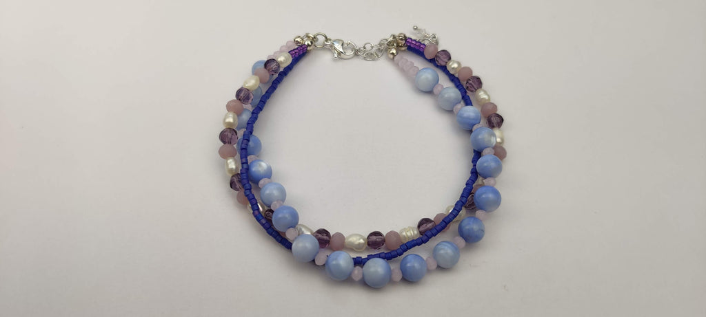 Three Strand Bracelet with Blue and Purple Glass Beads