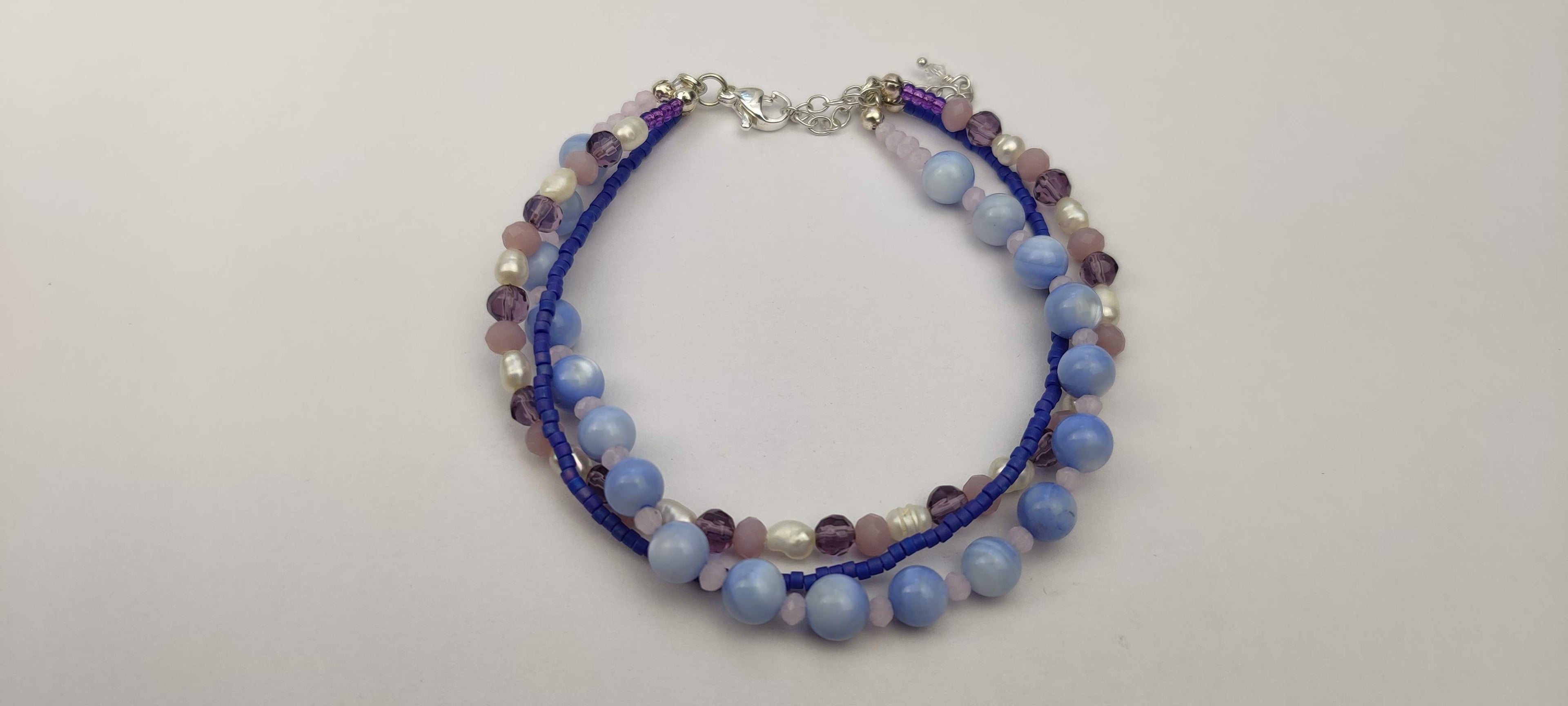 Three Strand Bracelet with Blue and Purple Glass Beads