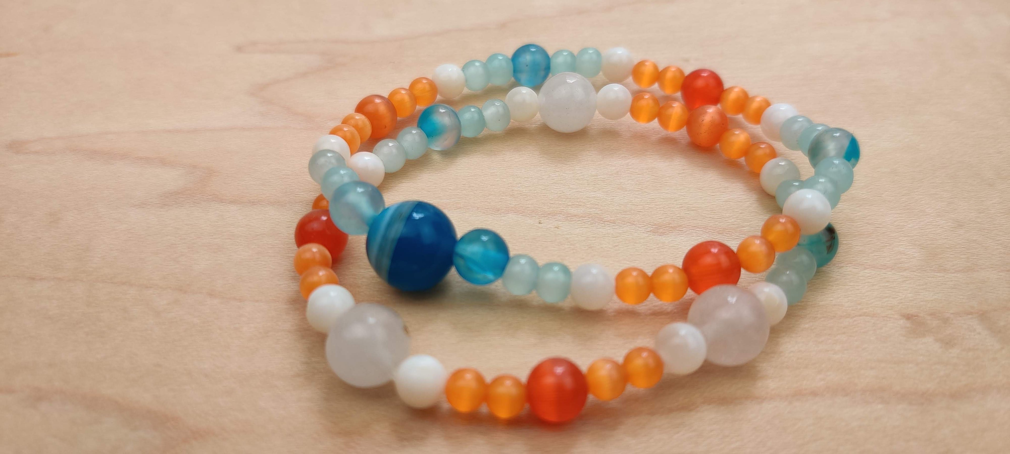 Two Natural Stones Bracelets in Blue, Orange, and White