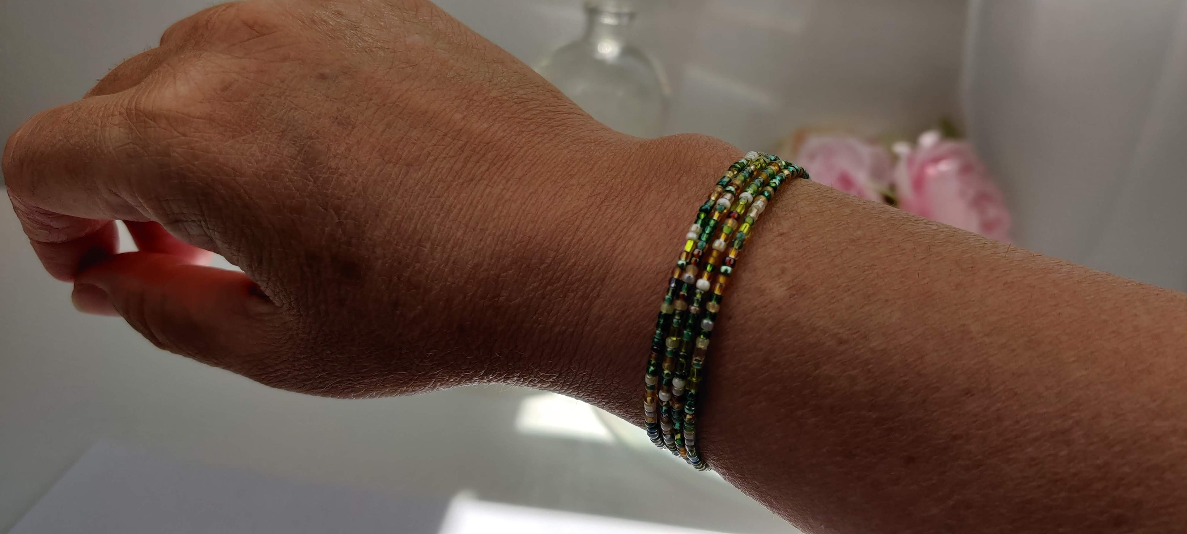 Green, Brown, and White, and Shades of Seed Beads Memory Wire Bracelet