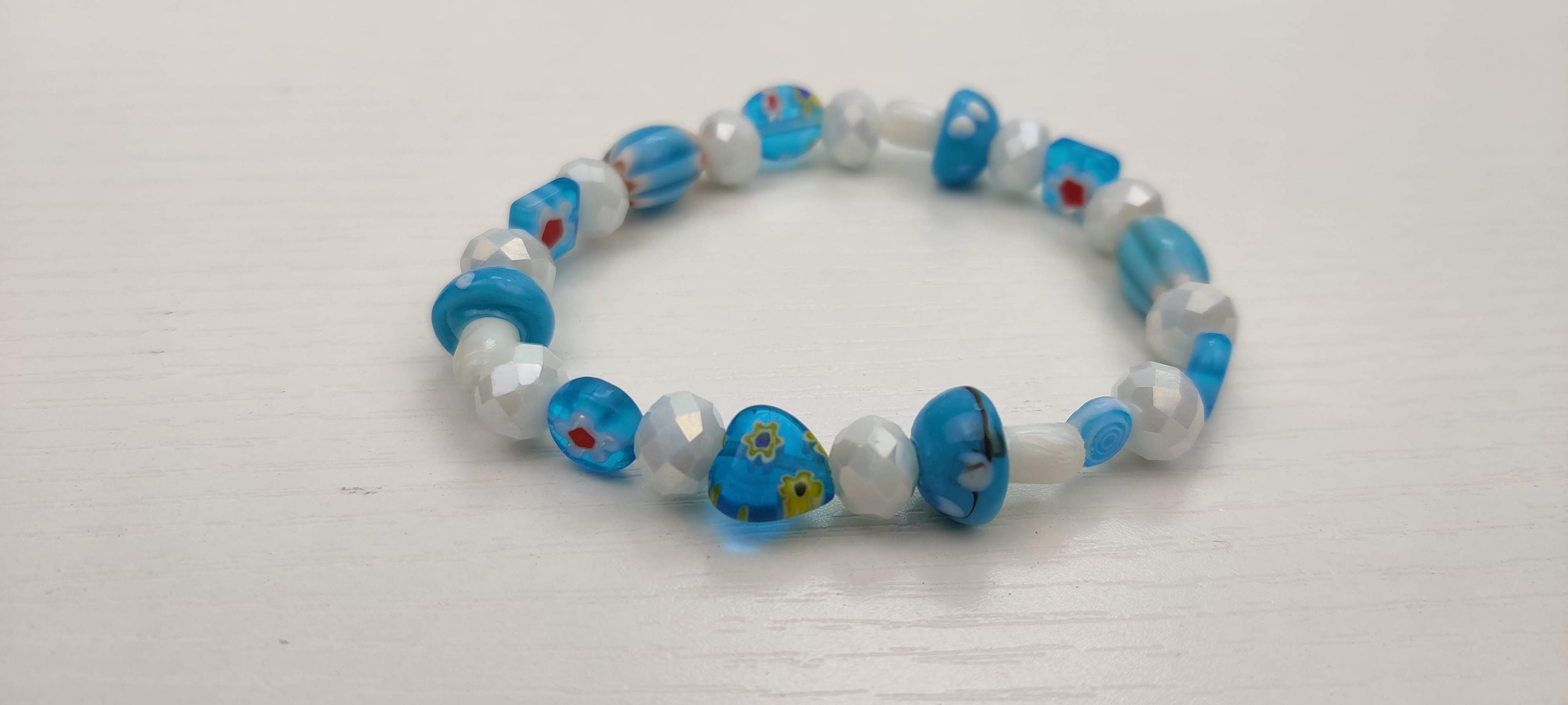 Lampwork Glass Millefiori Beads Stretch in Light Blue and White Glass Beads Bracelet