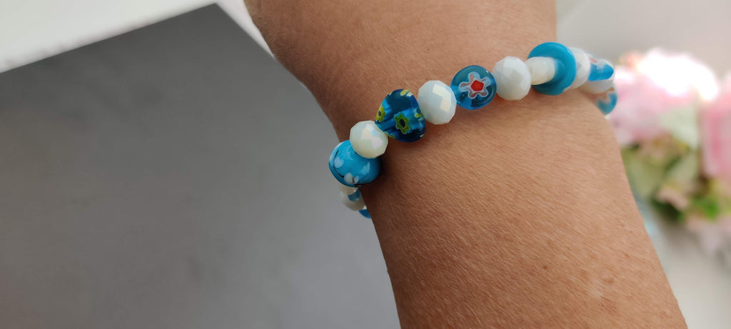 Lampwork Glass Millefiori Beads Stretch in Light Blue and White Glass Beads Bracelet