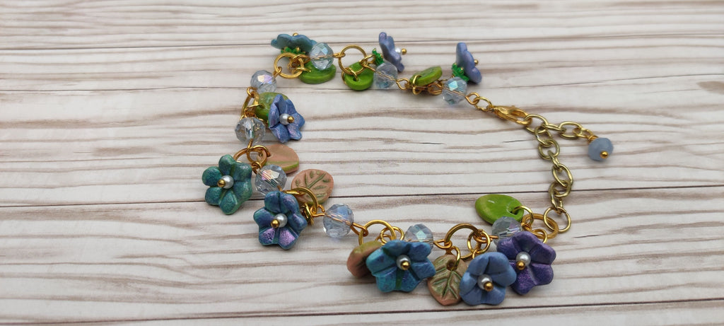 Handmade Polymer Clay Flowers and Leaves Charm Bracelet