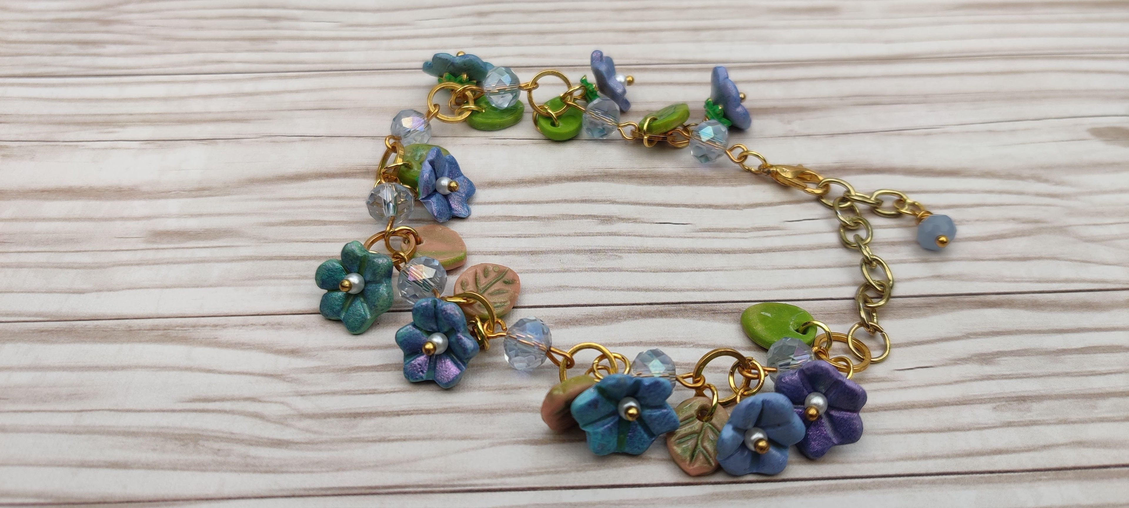Handmade Polymer Clay Flowers and Leaves Charm Bracelet