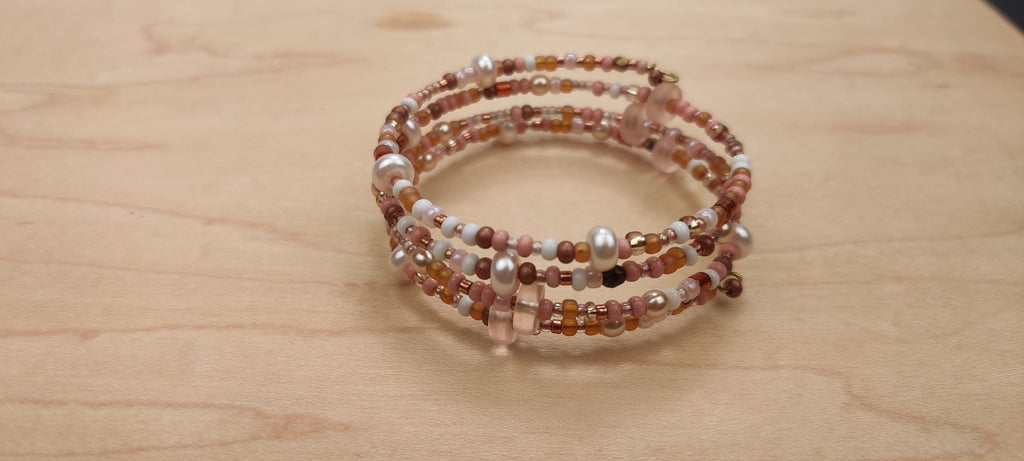 Peach, White, and Shades of Brown Beads Memory Wire Bracelet