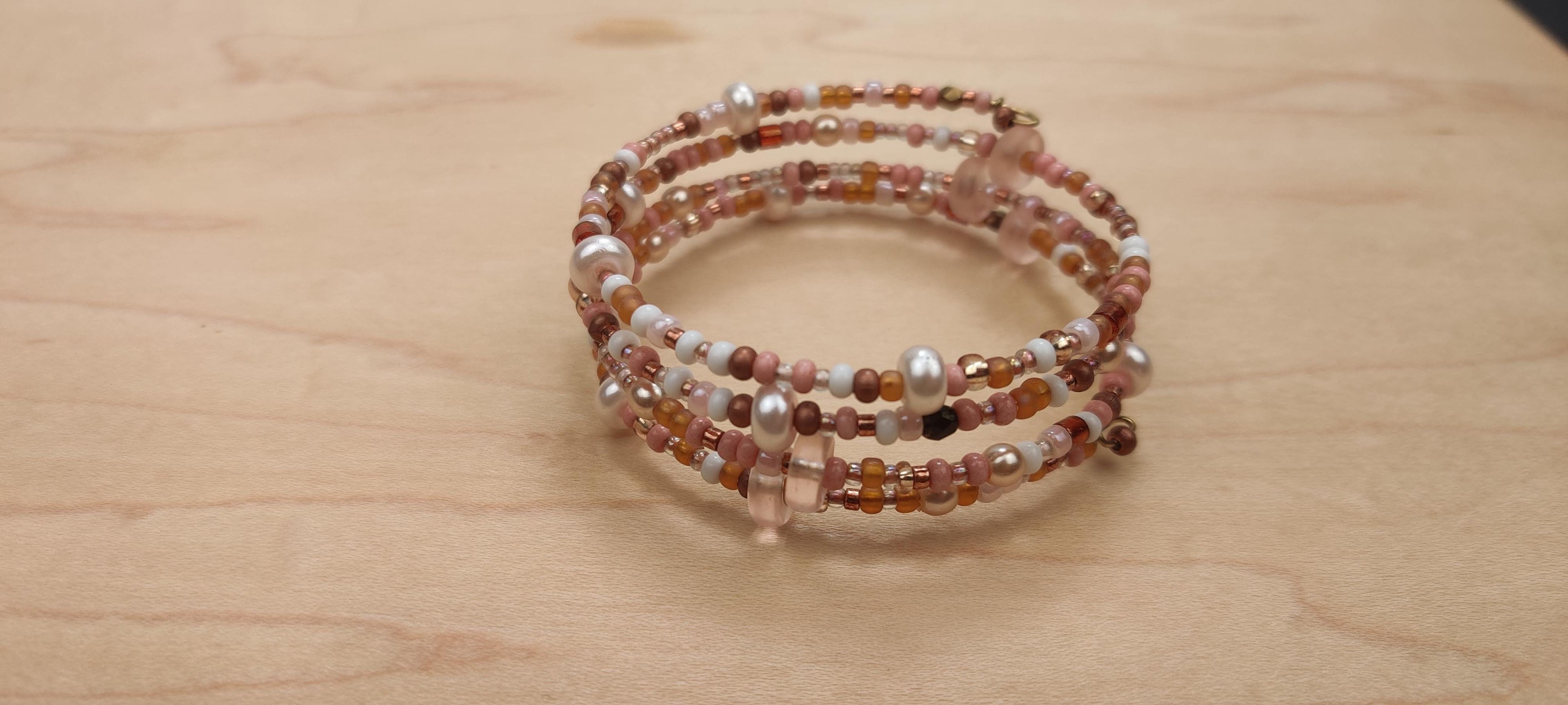 Peach, White, and Shades of Brown Beads Memory Wire Bracelet