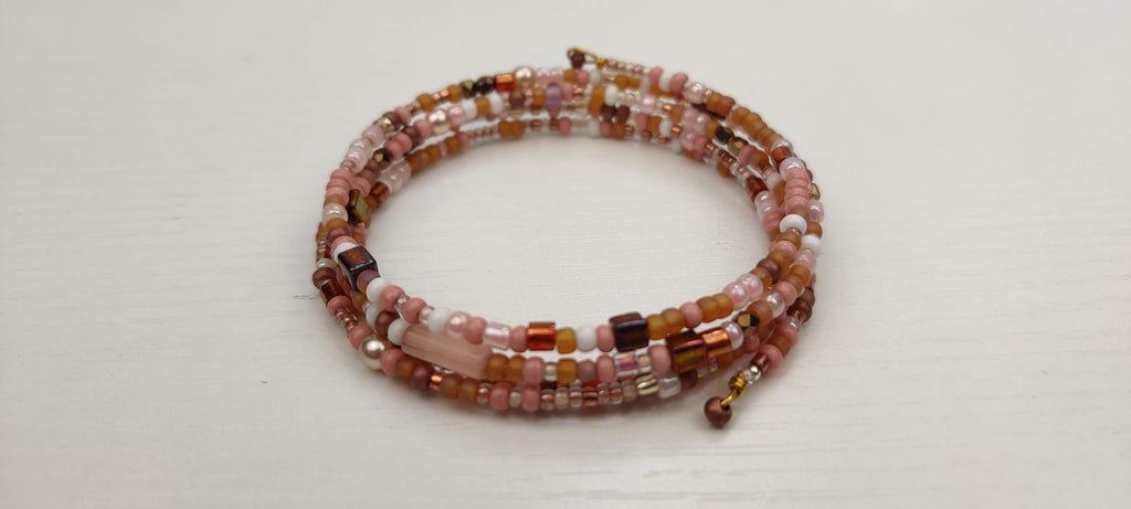 Peach, White, and Shades of Brown Beads Memory Wire Bracelet