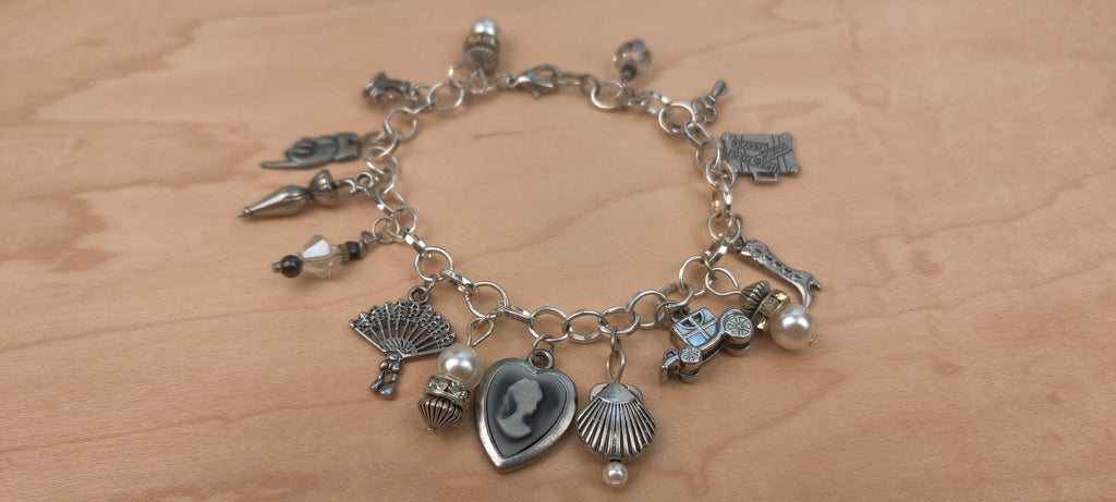 Vintage Old Time Theme Charm Bracelet with Glass Beads and Metal Charms