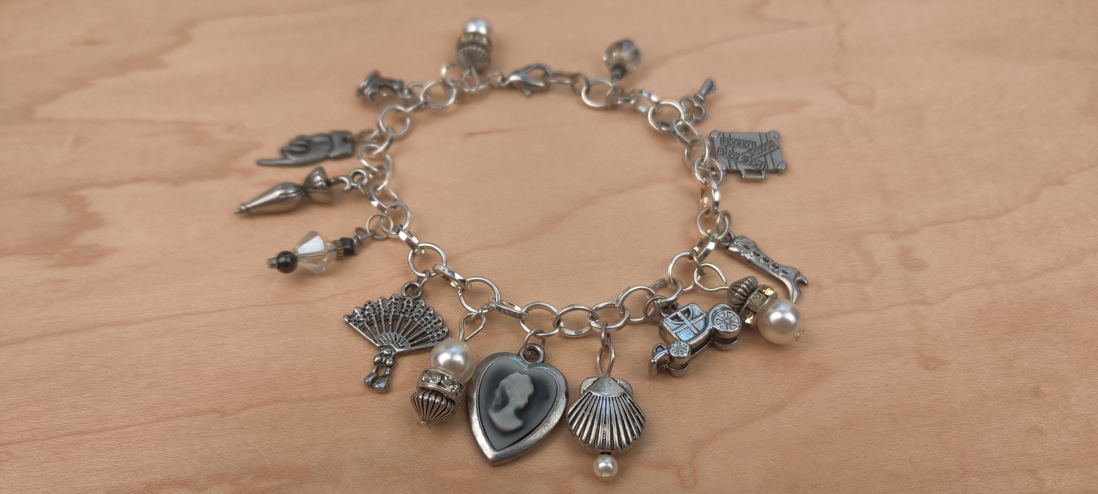 Vintage Old Time Theme Charm Bracelet with Glass Beads and Metal Charms