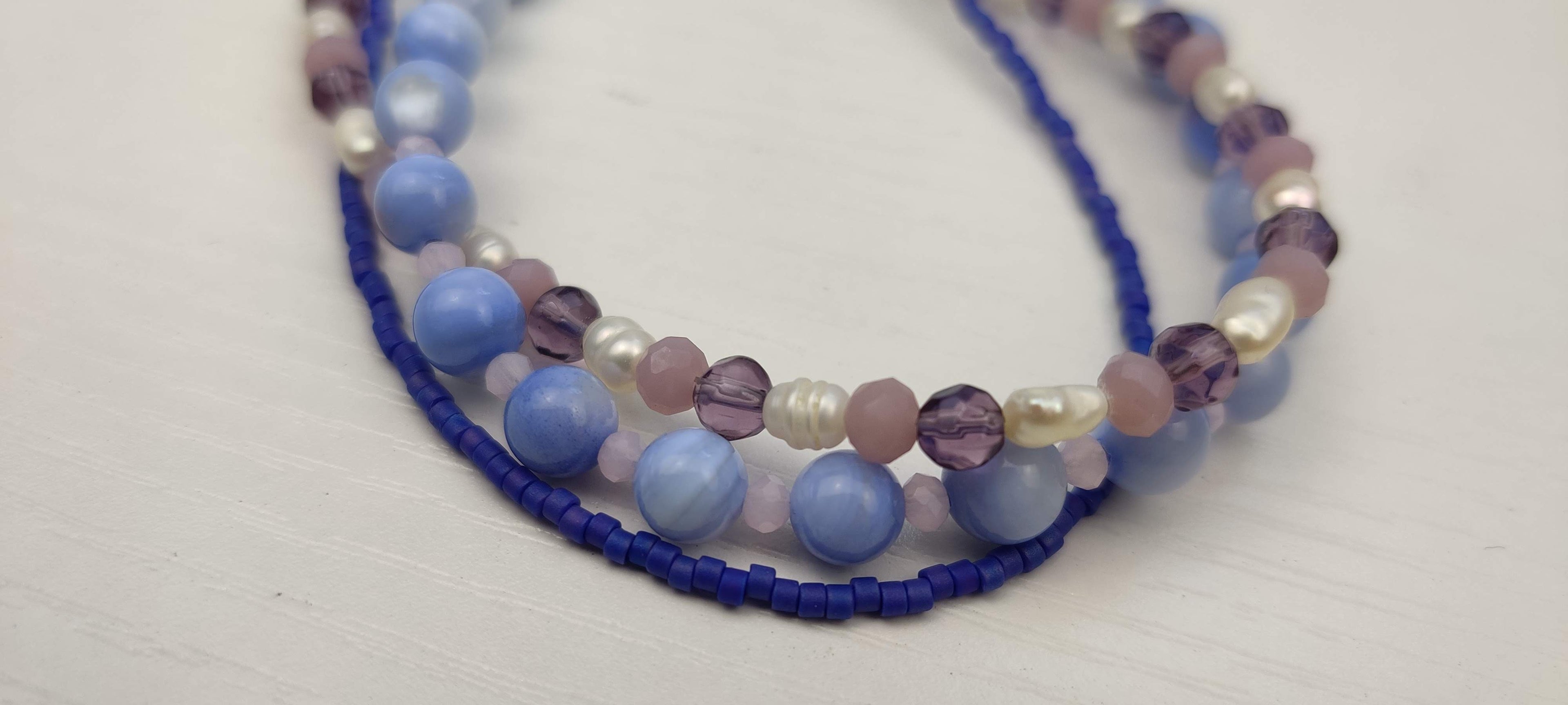 Three Strand Bracelet with Blue and Purple Glass Beads